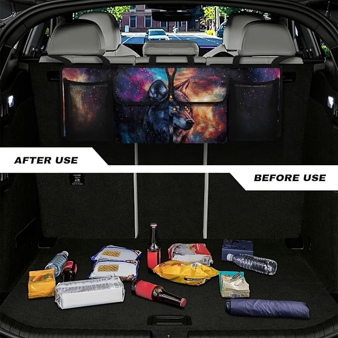 Wolf Galaxy Car Trunk Organizer with 4 Pockets Hanging Car Backseat Storage Bag Multipurpose Adjustable Car Interior Accessories for SUV Pickup Truck Van