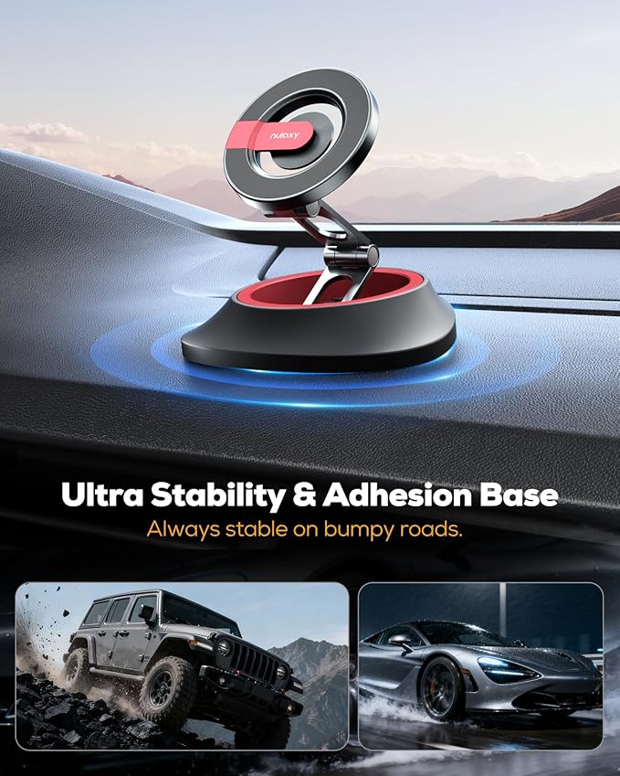 Nulaxy 2026 Upgraded Magsafe Car Mount for Dashboard, [Ultra-Stable & Strong] Car Phone Holder, [Foldable Three-axis] Magnetic Phone Holders for Your Car Compatible with iPhone 17 Pro Max, Red