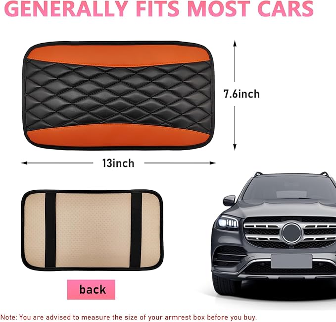 Car Center Console Cushion Pad, PU Leather Waterproof Auto Armrest Box Cover Protector, Comfortable Armrest Seat Box Cover Mat, Universal Car Accessories for SUV Truck (Orange)