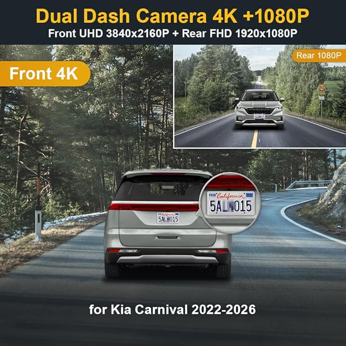 Fitcamx Front 4K+Rear 1080P Dash Cam Adapts for Kia Carnival 2022-2026 (Part No#R0510) LX LXS EX SX Prestige, OEM Style, Dual HD Video, WiFi & APP, Loop Recording, G-Sensor, Easy to Set, 128GB Card