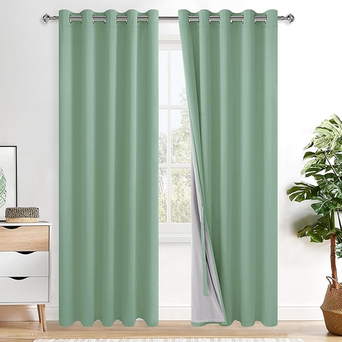XWZO 100% Blackout Curtain 84 Inches Length 2 Panels Set - Extra Wide Thermal Insulated, Noise Reducing & Heat Blocking Drapes for Bedroom with Tiebacks, Light Sage, W60 x L84, 2 Pieces