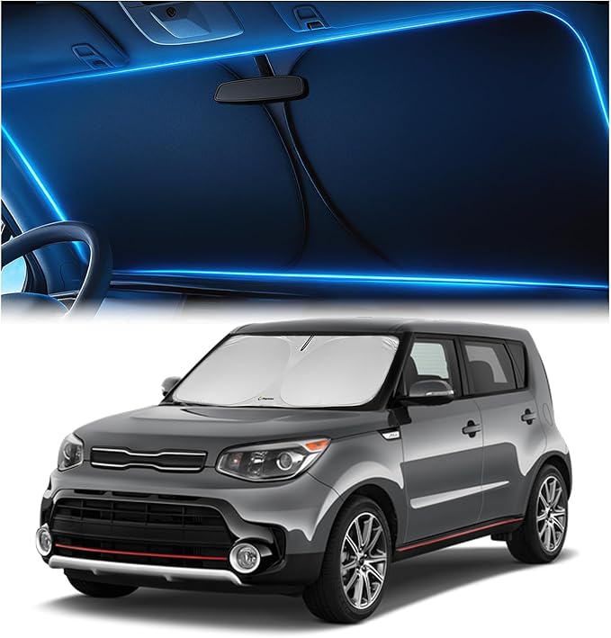 Windshield Sunshade for Kia Soul 2014-2019 – Upgraded Double-Layer Design, Mirror Cut-Out, Blocks 99% UV Rays, Thick & Durable, Easy-Fold Kia Soul Windshield Sun Shade