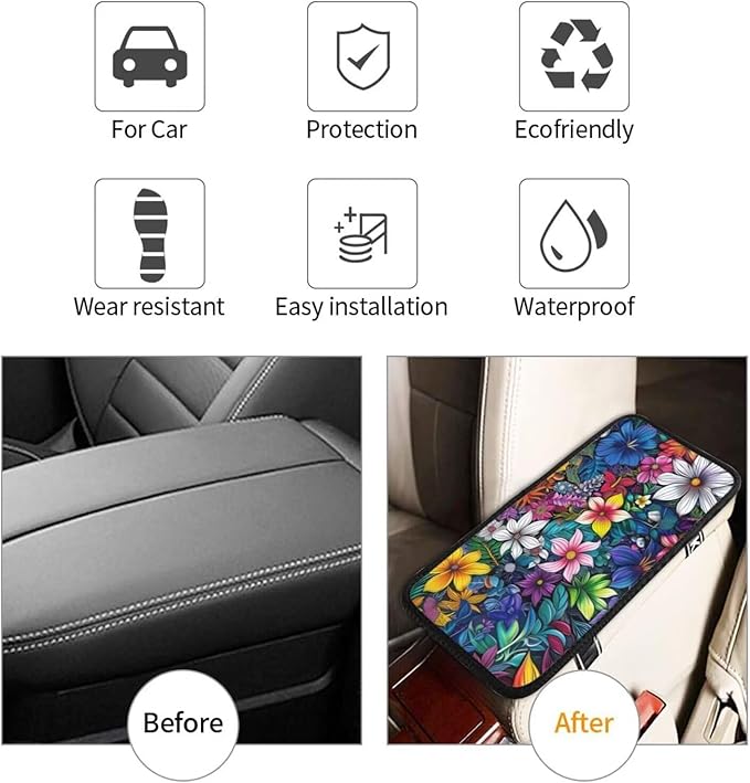 Center Console Armrest Cover Hippie Flower Armrest Protector Boho Floral Car Accessories Mandala Armrest Cushion Pad Armrest Seat Box Cover Protector