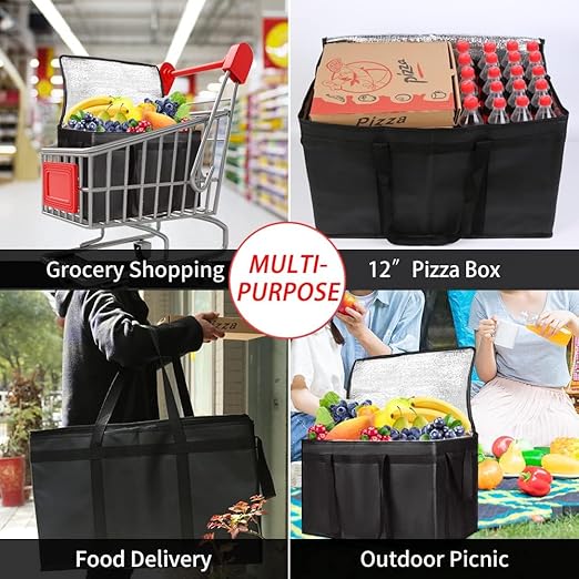 CIVJET Insulated Food Delivery Bag with Hard Bottom, XXX-Large Insulated Reusable Grocery Cooler/Hot Bags, Tote Bag for Shopping/Travel, Black, 3-Pack