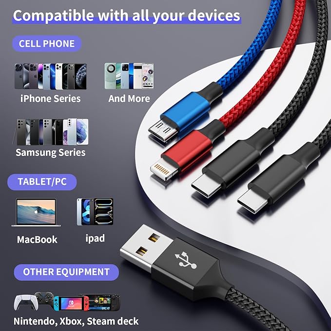 Dual Type-C 4 in 1 Multi Charging Cable for iPhone 17/ Galxy S26, Travel Cruise Essentials, USB Cable iPhone Charger Cord, Charging Cords for iPhone17-8/Androids/iPad and More, Car Charger (2Pack 5FT)