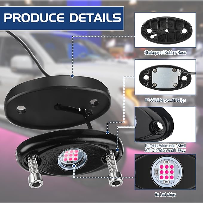 Macarrie 12 Pods Rock LED Lights for Car SUV Underglow Lights Waterproof Neon Trail Rig Lamp Lighting for Truck Motorcycle Boat ATV UTV and More(Pink)