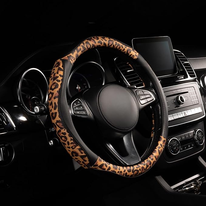 Lord Autofashion Steering Wheel Cover – PU Leather, Non-Slip Rubber Inner, All-Season Comfort – 14.5–15 Inch (Black/Leopard 8684)