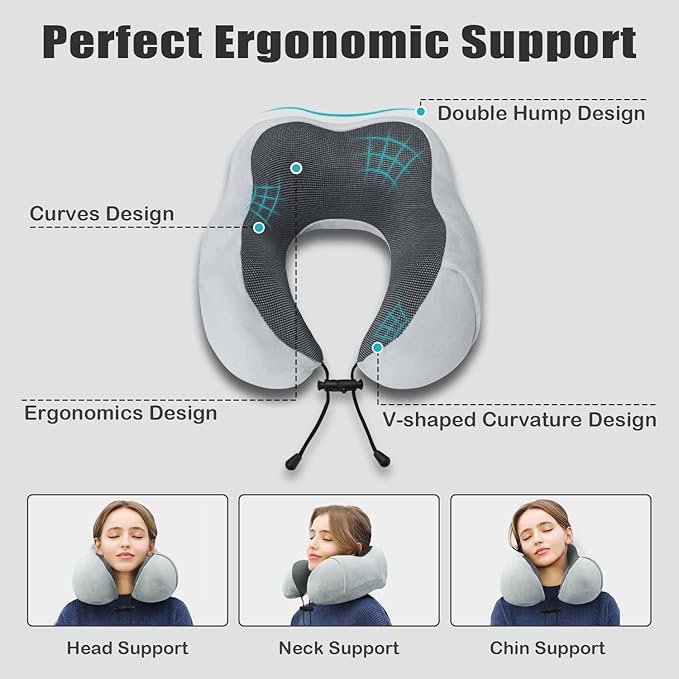 Travel Pillow, Memory Foam Neck Pillow for Traveling, U Shape Neck Pillow Airplane Portable Flight Pillow Travel Kit with 3D Contoured Eye Masks and Earplug for Plane Train Car Home Office - Grey