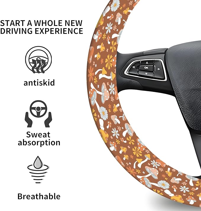 Elastic Car Steering Wheel Cover, Universal 15 inch Non-Slip Breathable Neoprene Steering Wheel Protector, Car Accessories for Women Men Fit Auto, Suvs, Truck Retro Mushroom