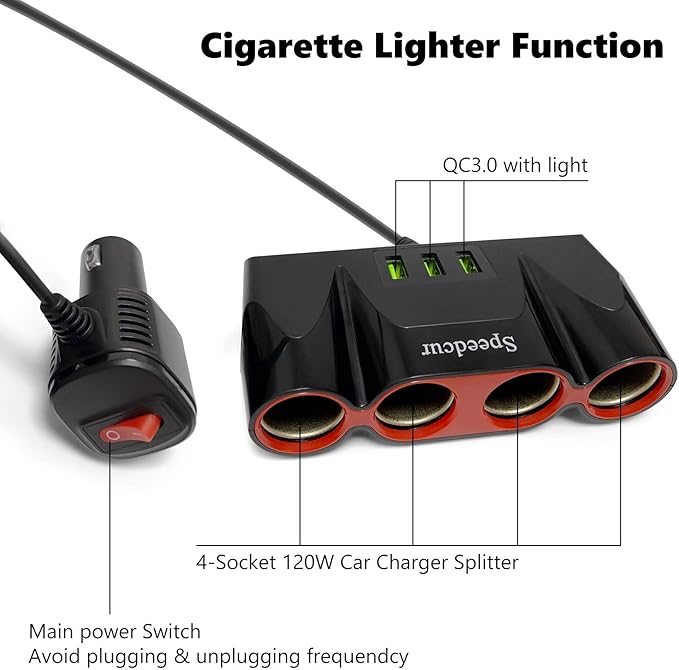 USB Car Charger Splitter Adapter, 120W 12V/24V 4-Socket Cigarette Lighter Adapter with 3pcs USB QC3.0 Car Charger Socket Quick Charge for GPS, Dash Cam, Sat Nav, Phone, iPad