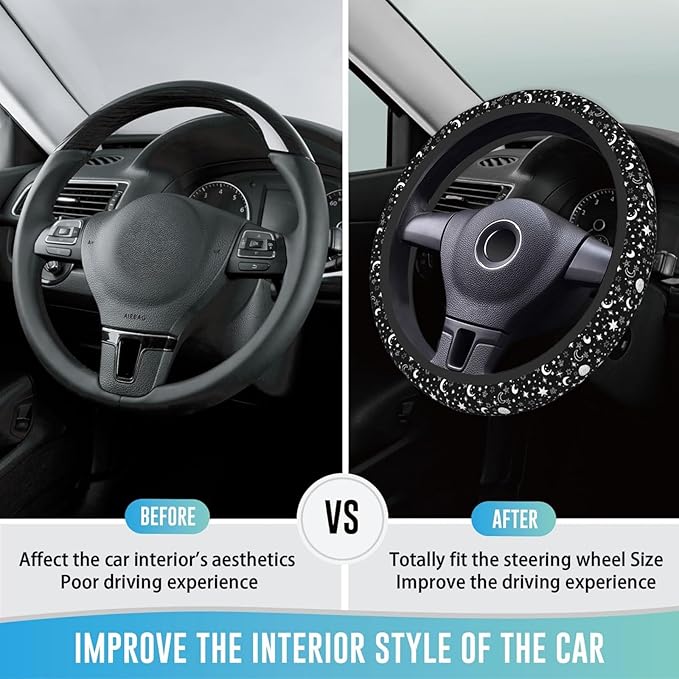 Elastic Steering Wheel Cover Car Accessories Cute Universal 15 Inch Absorbing Sweat Non-Slip Breathable for Man Woman - Moon and Star