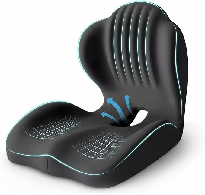 Ergonomic Waist Support and Seat Cushion, 2-in-1 Memory Foam Pad, Hollow Design for Coccyx, Suitable for Office Chairs, Car Safety Seats and Household Use - Relieves Lower Back and Hip Pain (Black)