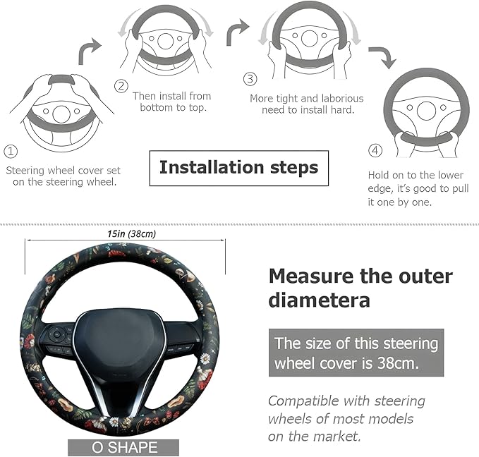 Mushroom Steering Wheel Cover Auto Leather Steering Wheel Protector, Anti-Slip, Breathable, Absorbing Sweat, Universal Mushroom Car Accessories 14.5–15 inch,Fit for Most Car, Trucks, SUV