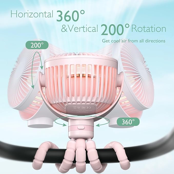 Momcozy 8000mAh Portable Stroller Fan, 27H Ultra-long Battery Life Detachable 4 Speed 360°Rotate LED Night Light with 2 Modes, USB Rechargeable Handheld Cooling Fan for Travel/Car Seat/Bedroom
