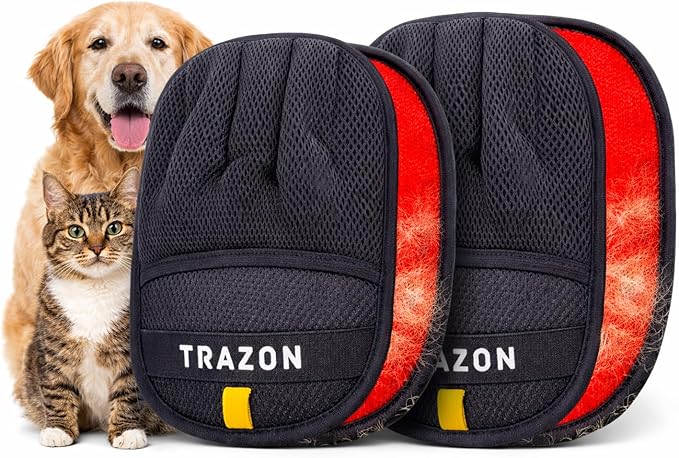 Trazon Pet Hair Removal Gloves 2 Pack – Electrostatic Pet Hair Removal Mitt for Cats & Dogs – Magic Brush Pet Hair Remover & Reusable Lint Brush Alternative for Couch, Furniture, Clothes & Car Seats
