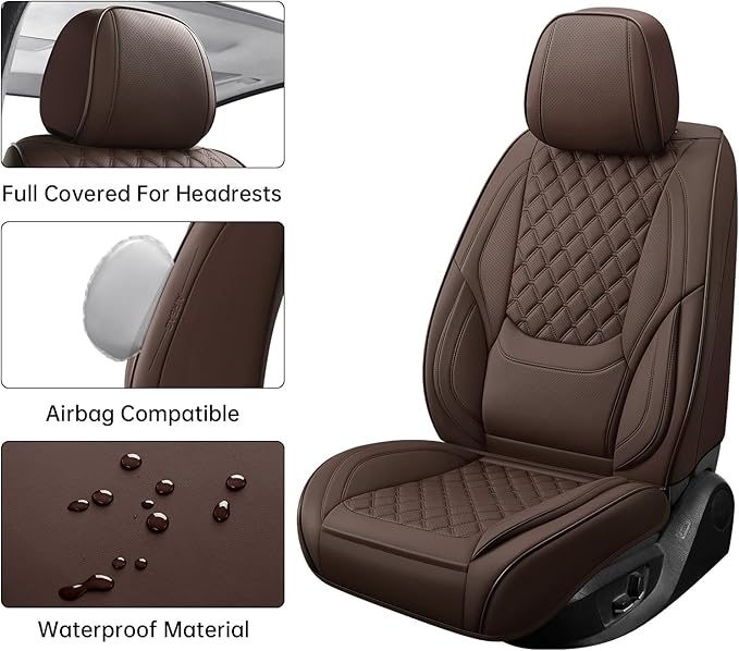 Car Seat Covers Front Seats Brown, Luxury Faux Leather Car Seat Cover Waterproof Non-Slip Protector Universal Fit for Most Cars SUVs Trucks Pick-ups,Car Accessories Interior(Brown-Front Seats)