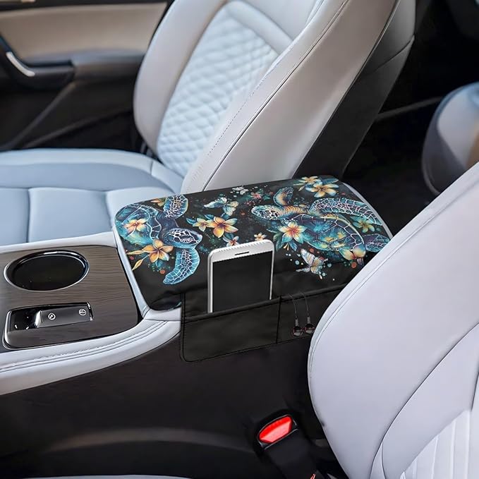 Dreaweet Sea Turtle Arm Rest Cover for Car Thick Center Console Cover with Pockets,Turtle Car Accessories Armrest Cover for SUV Truck Universal Center Console Armrest Pad