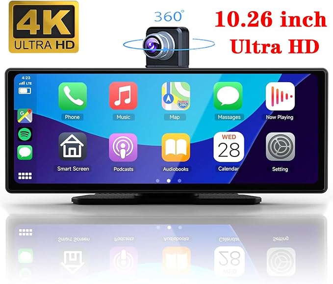 10.26" HD Carplay Screen for Car Stereo, 4K Dash Cam Wireless Portable Touch Screen Car Play with Apple Carplay & Android Auto with 1080P Back Up Camera, Bluetooth, Mirror Link, GPS, AUX+64GB