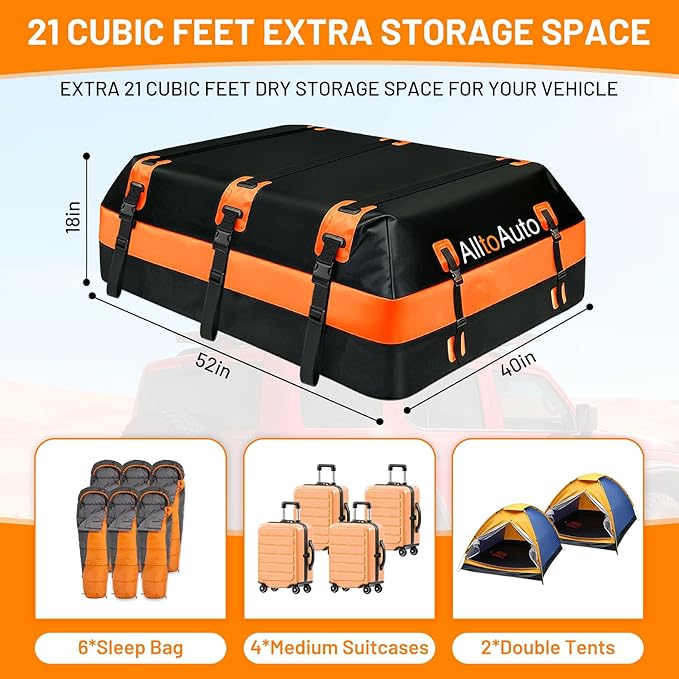 Car Rooftop top Cargo Carrier 21 Cubic feet 100% Waterproof Heavy Duty PVC for All Cars with/Without Rack, Includes Anti-Slip Mat, 10 Reinforced Straps, 6 Door Hooks, Luggage Lock