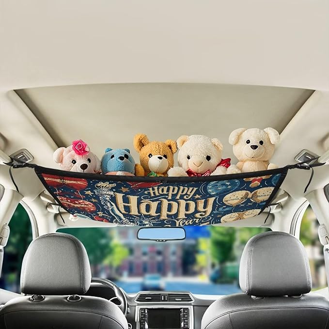 Generic New Year Car Ceiling Cargo Net Pocket Hanging Storage Bag with Zipper 31.69"x24.02" Double-Layer Mesh Car Roof Storage Organizer Long Road Trip Truck SUV Travel Camping New Year Decor