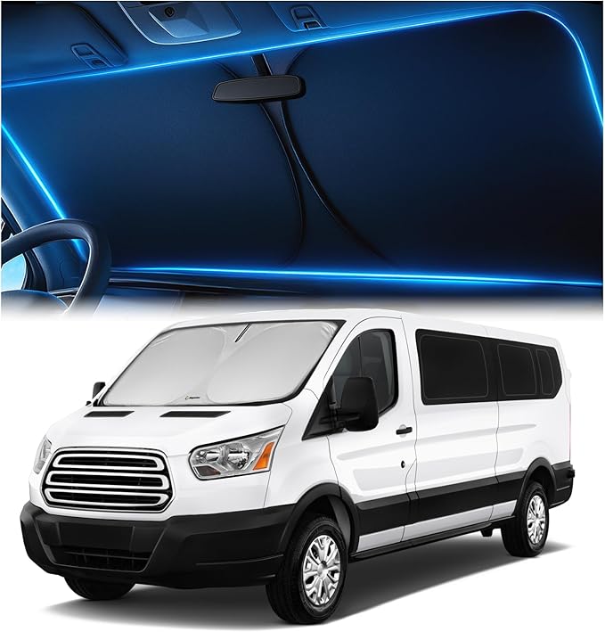Windshield Sunshade for Ford Transit 2015-2026 Wagon XL/XLT, Cargo, Connect Van XL – Upgraded Double-Layer Design, Mirror Cut-Out, Blocks 99% UV Rays, Easy-Fold Ford Transit Windshield Sun Shade
