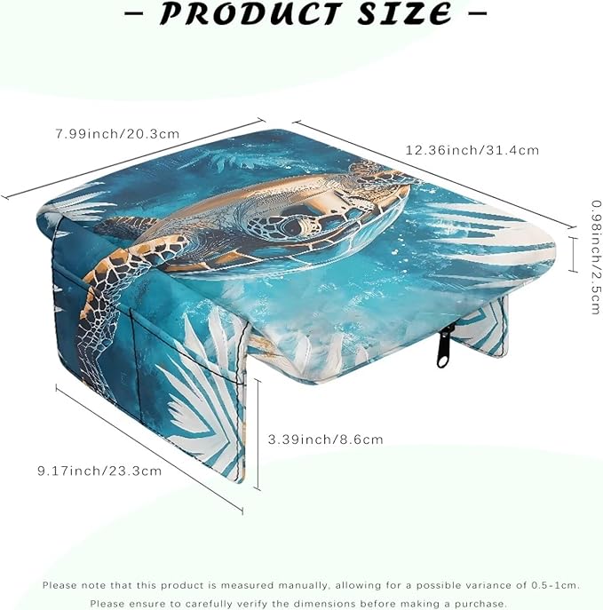 Center Console Armrest Cover for Car, Turtle Print Armrest Cushion Cover Pad with 4 Pockets, Car Accessories Fit for Sedan, Truck, SUV Soft Car Armrest Cover