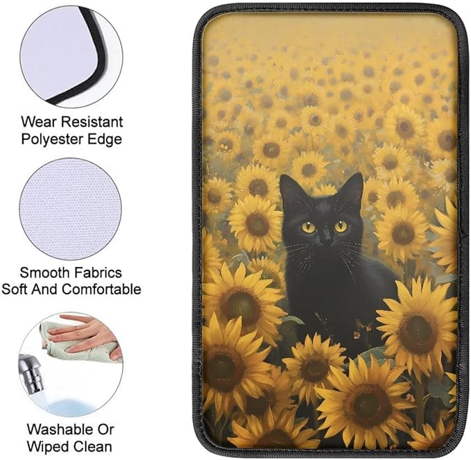 Cute Cat Car Center Console Cover Breathable Sunflower Car Armrest Cover Cushion Non Slip Middle Black Console Protector Mat Cute Cat Auto Interior Accessories Decor