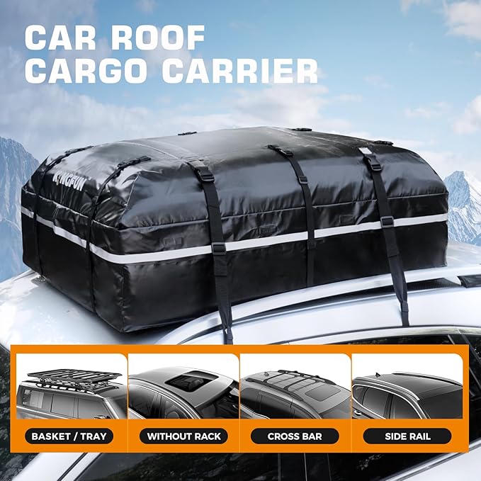 Car Rooftop Cargo Carrier Bag, 20 Cubic Feet 100% Waterproof Heavy Duty PVC Car Roof Bag for All Vehicle with/Without Racks -Anti-Slip Mat, 8 Reinforced Straps, 6 Door Hooks, Luggage Locks (Black)