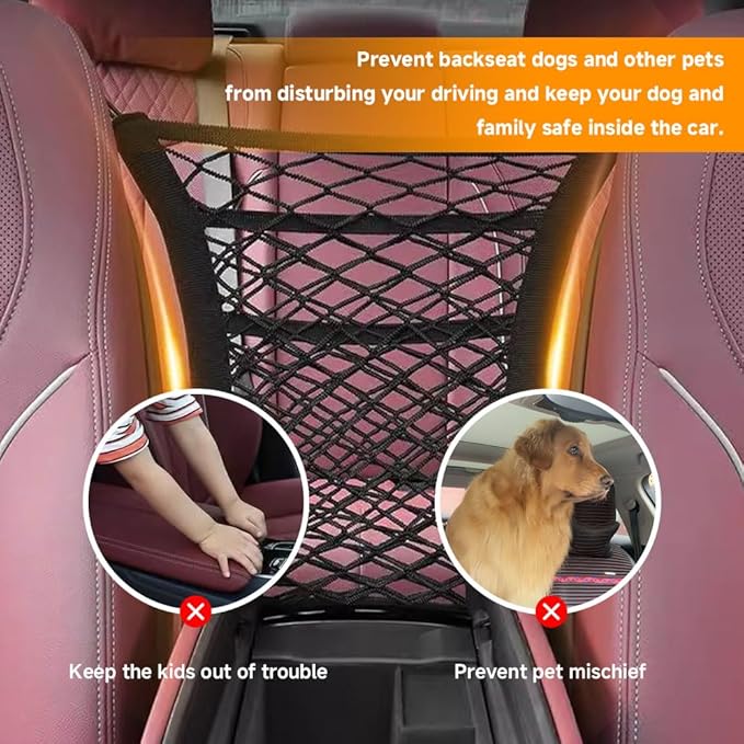 3-Layer Car Mesh Organizer, Seat Back Net Bag, Car Interior Accessories Barrier of Backseat Pet Kids, Cargo Tissue Purse Holder, Driver Storage Netting Pouch Universal for Cars SUVs Trucks