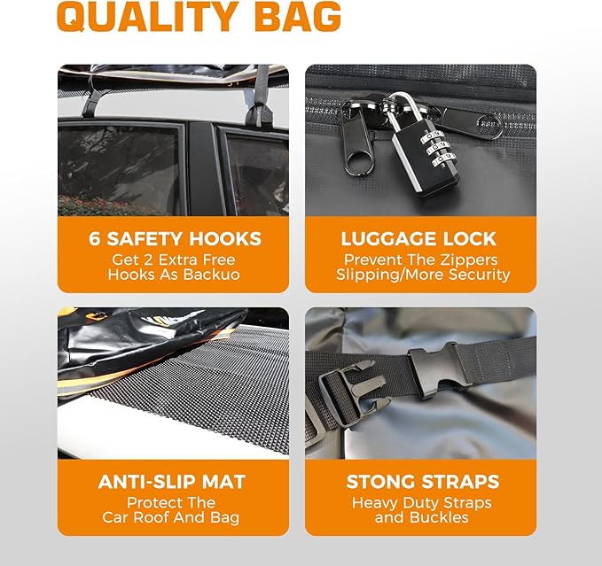 Kingfun Rooftop Cargo Carrier - Waterproof 20 Cubic Feet Car Roof Bag for All Vechicles with/Without Racks, Includes Anti-Slip Mat, 8 Reinforced Straps, 6 Door Hooks, Luggage Lock