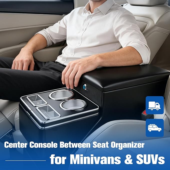 Center Console Organizer for Minivans, SUVs & Middle Van Seats - Floor-Mounted Lockable Storage Box with Dual Cup Holders, Ideal for Vehicle Interior