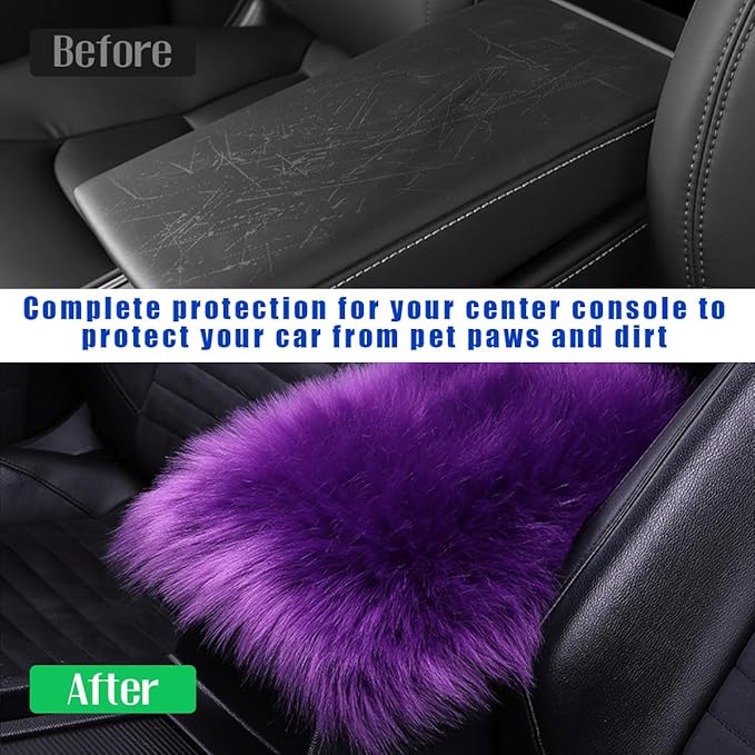 Furry Car Center Console Cover, 11.8"×7.9" Sheepskin Wool Armrest Box Cushion Pad, Comfort Soft Auto Center Console Protector, Interior Decor Accessories for Most Vehicles (Dark Purple)