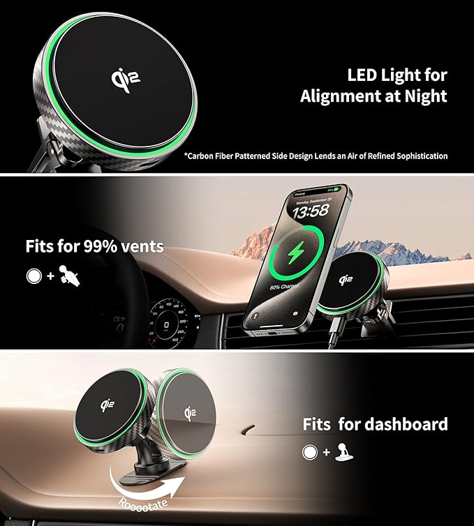 for Magsafe Car Mount Charger 2026 New [Qi2 Certified-15W], 360° Rotatation [Dash & Vent] Wireless Car Charger, for iPhone 17 16 15 14 13 12 Series, for Magnetic iPhone Car Accessories, Black