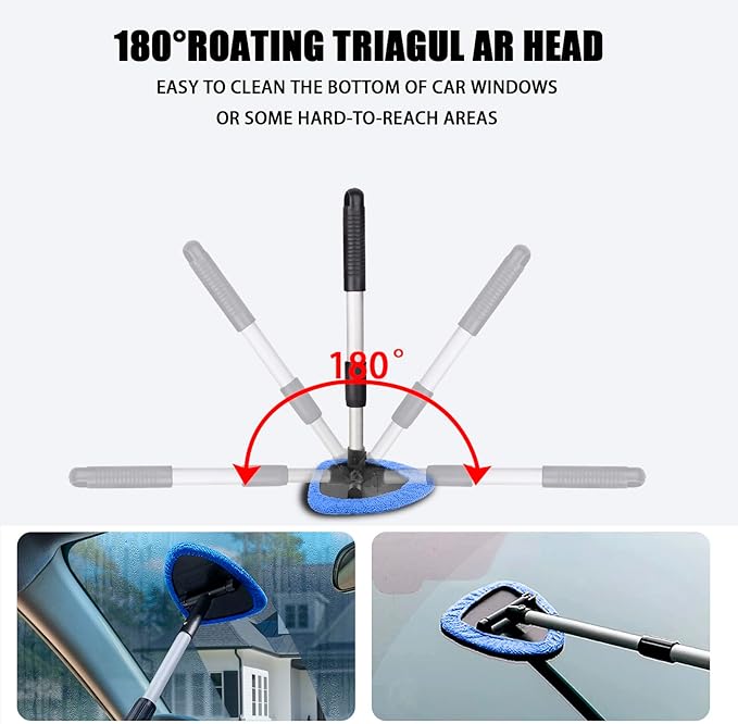 Windshield Cleaner Tool - Portable Car Interior Window Cleaning Kit with Extendable Handle, 4 Microfiber Towel Pads, Auto Glass Wiper for Windshield, Universal for RV, SUV, Truck (Blue)
