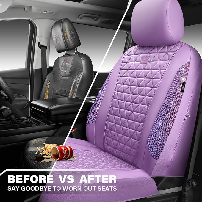 CAR PASS Light Purple Bling Diamond Leather Car Seat Covers Full Sets, Waterproof Shining Glitter Sparkly Crystal Universal Armrest Fit for Automotive Truck SUV Cute Women Girl,Lavender Rhinestone