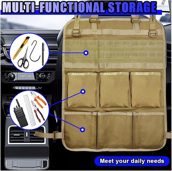 Tactical Molle Panel Car Seat Back Organizer, Waterproof Car Front Seat Protector with Multiple Pockets, Universal Kick Mat for Kids/Pets, Vehicle Backseat Storage Bag for Most Cars (Khaki)
