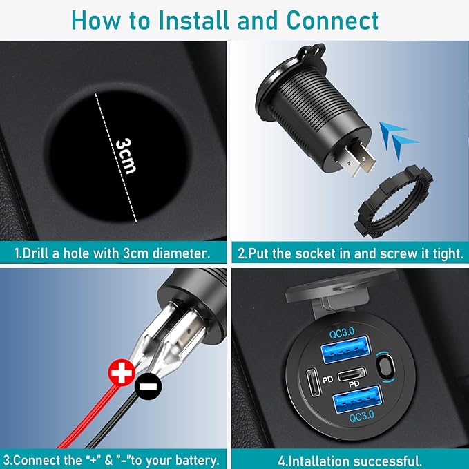 12V USB C Outlet 90W 4 Ports Car Charger Socket, Dual PD 36W and Dual QC 18W Car USB Port 12V Charger with Button Switch and C to C Cable, Suitable for Boat Marine Bus Truck Golf RV Motorcycle