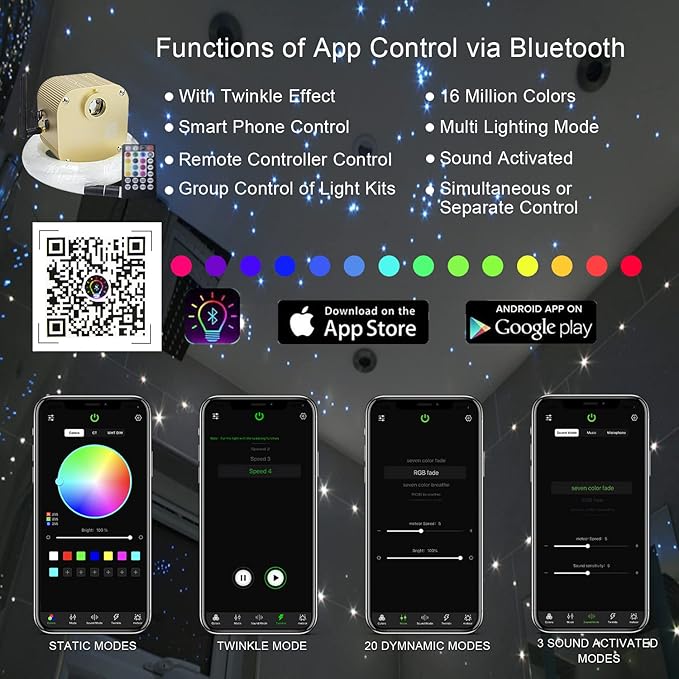 AKEPO 16W RGBW Twinkle APP Control Fiber Optic Lights, Music Activated+430pcs*9.8ft/3m (0.03+0.04+0.06in) Mixed Optical Fibers+Remote for Starlight Headliner Car Truck/Home Star Ceiling Light Kit