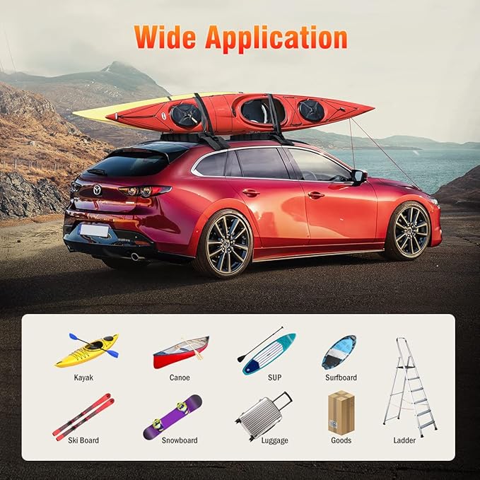 WOOWAVE Premium Kayak Roof Rack Pads Universal Car Soft Roof Rack Kayak Carrier for Canoe/Surfboard/Paddleboard/SUP/Snowboard with Tie Down Straps, Tie Down Rope, Quick Loop Strap and Storage Bag