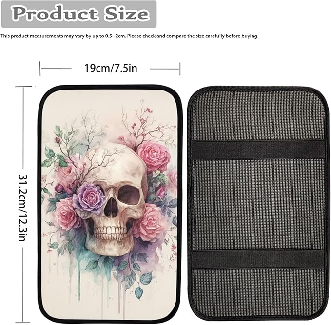 Skull Rose Print Armrest Cushion Cover for Car Neoprene Car Center Console Cushion Pad Non Slip Decorative Armrest Seat Box Cover for SUV Truck Sedan