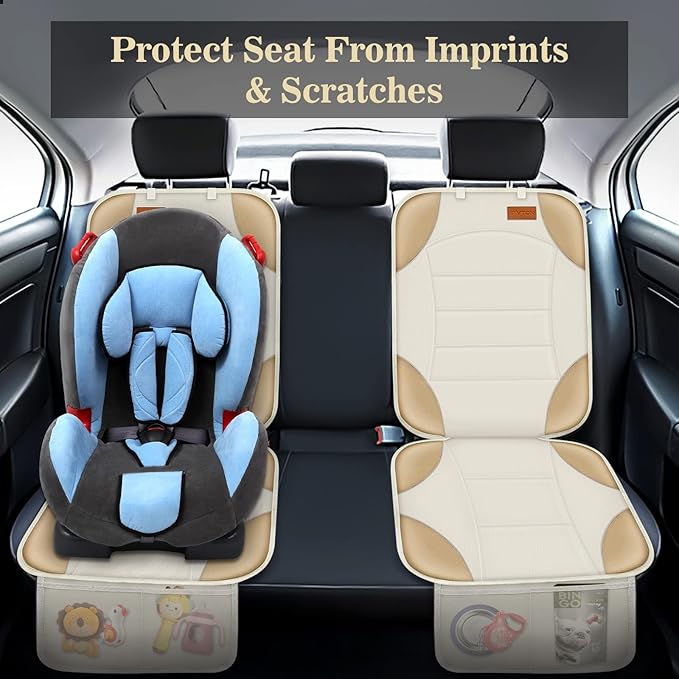 Siivton Car Seat Protector for Child Car Seats, Waterproof 600D Fabric Car Seat Cover, Non-Slip Backing, Thick Padding, Mesh Pockets for Storage, Protects Leather & Fabric Upholstery (Off-White)