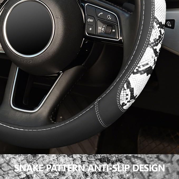 ZHOL Snake Skin Leather Steering Wheel Cover,Black and White Animal Fur Car Accessory Steering Wheel Cover,Universal 14.5-15inch,Anti-Slip Car Steering Wheel Protector for Women Men