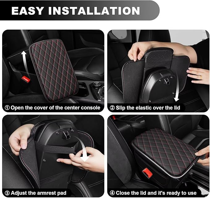 Upgraded Car Center Console Cover Fit for Tacoma Faux Leather Car Armrest Cover Cushion with 2 Storage Bags,Car Armrest Storage Box Interior Accessories(Black&Redline)