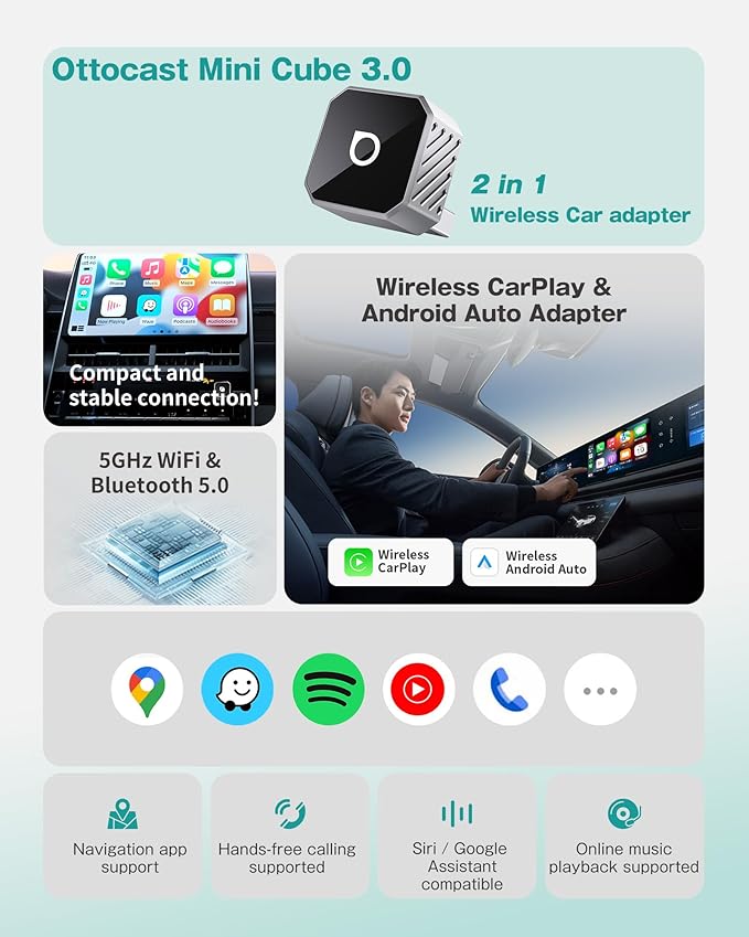 OTTOCAST Mini Cube 3.0 Wireless Carplay Adapter & Android Auto Wireless Adapter Silver (2-in-1) – Plug & Play for iPhone & Samsung/Android Phones, Two Phones Memory, Auto-Reconnect, Stable 5GHz WiFi