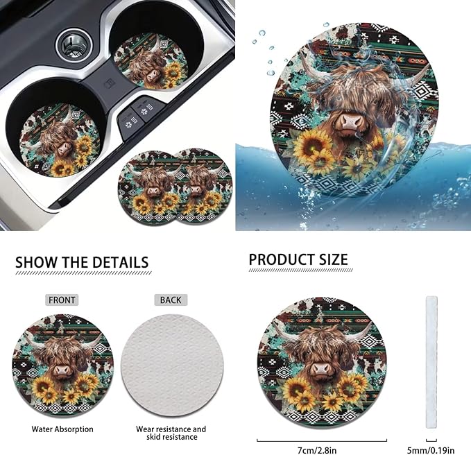 FKELYI Aztec Cattle Anti-Slip Car Seat Cover Steering Wheel Cover, Sunflower Seat Cushions, Gear Shifter Knob and Handbrake Cover, Headrest Covers, Cup Coasters