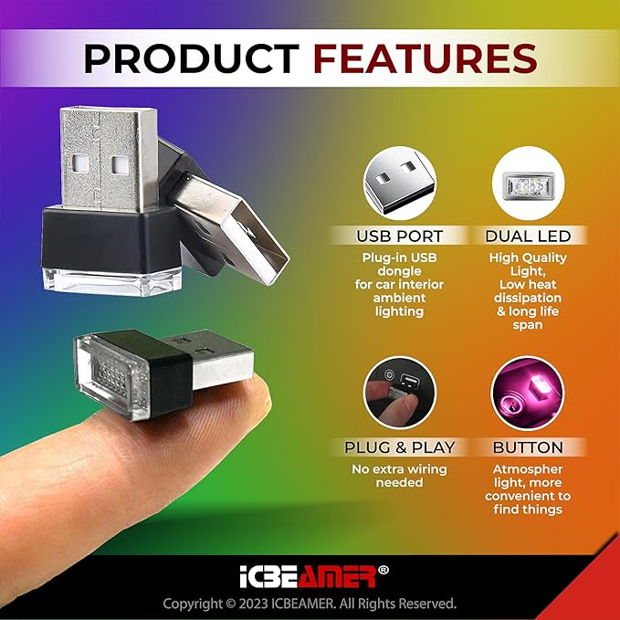 ICBEAMER USB Interface Miniature Night Light 1-Pack (Pink Purple) | Universal Plug-in LED for Car Interior and Trunk Ambient Atmosphere