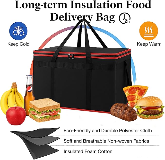 Bodaon Large 2-Pack Insulated Food Delivery Bag With Hard Bottom, XXXL Bags, Rideshare Delivery Bag, Grocery Shopping and Catering, Cold/Hot Styrofoam Carrier for Travel/Car