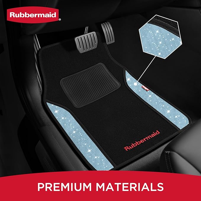 Rubbermaid Bling Car Mats, Carpeted Floor Car Mat with Faux Leather & Built-in Heel Pad, Two-Tone Car Rug Floor Mats, Stylish Carpeted Floor Mats for Cars, Trucks & SUVs Glitter Blue Color