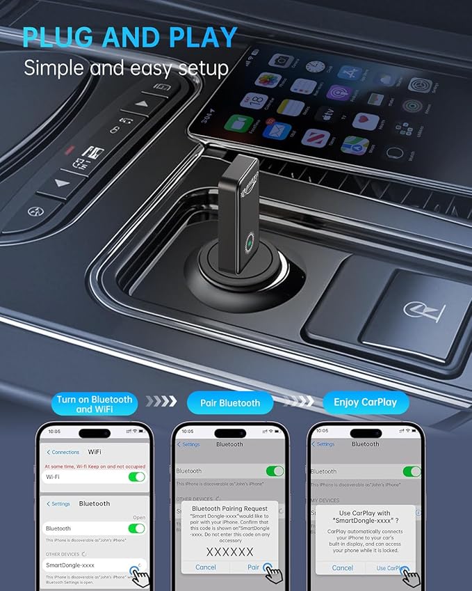 TiMOVO Wireless CarPlay Adapter, Convert Wired to Bluetooth Wireless Carplay, Plug & Play, Mini Size for iPhone iOS 10 Later & Cars from 2016 Later, Black