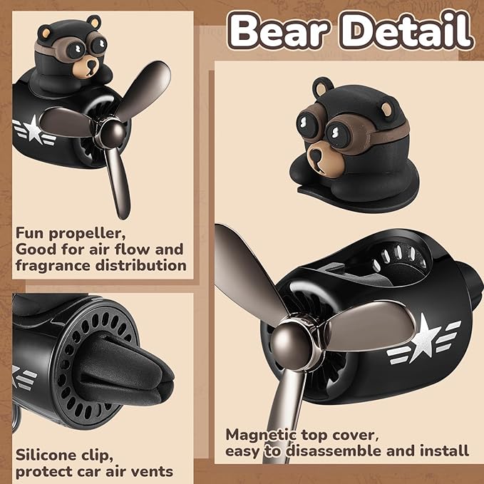 Tallew Car Air Freshener Cute Bear Car Vent Clip Diffuser with Rotating Propeller Outlet Vent 2.5" x 2.4" x 2.1" Easy to Install Included 2 Scents Aroma Tablets Aromatherapy Ornament Auto Accessories